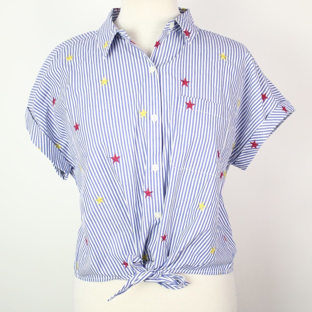 Marc New York Womens Medium Striped Star Tie Front Cropped Shirt Top